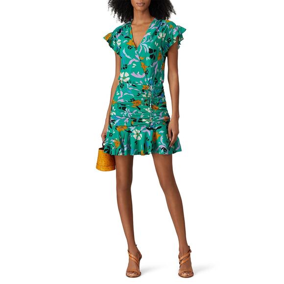 VERONICA BEARD Green Floral Printed Silk Ruched Ruffled Maria Dress Size 4 - Picture 2 of 16